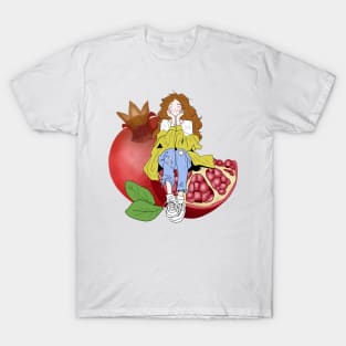 A Little Girl Sitting on Giant Colorful Fruits T-Shirt